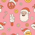 Groovy hippie Christmas seamless pattern. Santa Claus, smile, peace in trendy retro cartoon style.