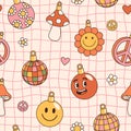 Groovy hippie Christmas seamless pattern. Smile, peace, wave, disco ball, mushroom.