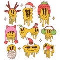 Groovy hippie Christmas stickers set with melting emoji faces with winter knitted, Santa hats, antlers. Contour hand