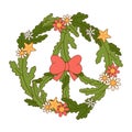 Groovy hippie Christmas wreath with daisy, stars ans bow isolated on white background. Peace sign for winter holidays