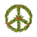 Groovy hippie Christmas wreath with holly berry isolated on white background. Peace sign for winter holidays