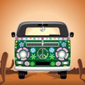 Hippie Groovy Van Traveling on Hot Desert Vector illustration Royalty Free Stock Photo