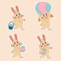 Groovy hippie Easter bunny set stickers. Retro happy Easter day. Easter bunny character in trendy retro 60s 70s cartoon style.