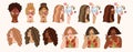 Groovy hippie girls portraits isolated cliparts, 70s retro women face different skin color options, nostalgia and