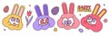 Groovy hippie Happy Easter characters. Set of Easter bunnies muzzles in trendy retro 60s 70s cartoon style. Rabbits Royalty Free Stock Photo