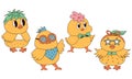 Groovy hippie Happy Easter characters. Set of Easter chicks in trendy retro 60s 70s cartoon style.