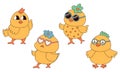 Groovy hippie Happy Easter characters. Set of Easter chicks in trendy retro 60s 70s cartoon style.