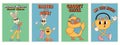 Groovy hippie Happy Easter posters. Easter eggs, bunny, chicks. Vector card in trendy retro 60s 70s cartoon style.