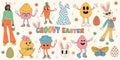 Groovy hippie Happy Easter set. Easter bunny, eggs, butterflies, cupcakes, chickens. Set of cartoon characters and