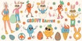 Groovy hippie Happy Easter set. Easter bunny, eggs, butterflies, cupcakes, chickens. Set of cartoon characters and