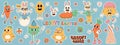 Groovy hippie Happy Easter stickers. Easter bunny, eggs, flower, chickens. Sticker pack of cartoon characters and