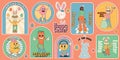 Groovy hippie Happy Easter stickers. Easter bunny, eggs, flower, chickens. Sticker pack of cartoon characters and