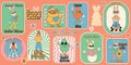 Groovy hippie Happy Easter stickers. Easter bunny, eggs, flower, chickens. Sticker pack of cartoon characters and