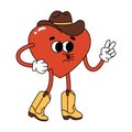 Groovy hippie heart character in cowboy hat. Cartoon character in trendy retro style for Valentines day design. Love Royalty Free Stock Photo