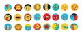 Groovy hippie love round icons set. Comic happy retro faces, geometric stickers, characters in trendy retro 60s 70s