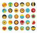 Groovy hippie love round icons set. Comic happy retro faces, geometric stickers, characters in trendy retro 60s 70s