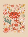 Groovy hippie love sticker collection for a retro, happy Valentine's Day. Features comic style joyful heart