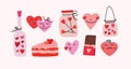 Groovy hippie love sticker set. Heart funny cartoon characters, icons, illustrations and happy valentine's day