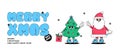 Groovy hippie Merry Christmas and Happy New year card. Sale. Cute character Christmas tree and Santa Clous in trendy
