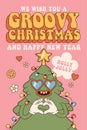 Groovy hippie merry Christmas and Happy New year. Christmas tree in trendy retro cartoon style.