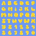 Groovy hippie plump letters and numbers. Yellow yolk shape font with figures, egg alphabet on blue background. For cute funny