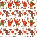 Groovy Hippie Retro Christmas festive seamless pattern with cartoon characters gifts, sock, gingerbread, Xmas ball on