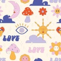 Groovy hippie 1970s background. Funny cartoon flower, rainbow, peace, Love, heart, daisy, mushroom etc. Royalty Free Stock Photo