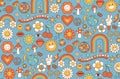 Groovy hippie 1970s background. Funny cartoon flower, rainbow, peace, Love, heart, daisy, mushroom.