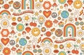 Groovy hippie 1970s background. Funny cartoon flower, rainbow, peace, Love, heart, daisy, mushroom.