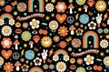 Groovy hippie 1970s background. Funny cartoon flower, rainbow, peace, Love, heart, daisy, mushroom. Royalty Free Stock Photo