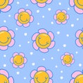 Groovy hippie 70\'s flower seamless pattern. Psychedelic floral background with smiling face for surface design Royalty Free Stock Photo