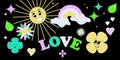A groovy hippie of the 70s. Funny cartoon flower, rainbow, love, heart, chamomile. Sticker pack in a fashionable retro