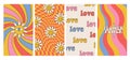 Groovy hippie 70s posters set. Funny cartoon flower power, rainbow, love, daisy, distorted checkered background. Vector