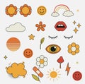 Groovy hippie 70s set. Funny cartoon flower, rainbow, love, heart, daisy, mushroom etc. Sticker pack in trendy retro Royalty Free Stock Photo