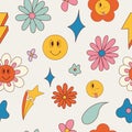Groovy hippie 70s set. Funny cartoon flower, rainbow, Love, heart, daisy, mushroom etc. Sticker pack in trendy retro psychedelic Royalty Free Stock Photo