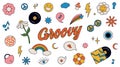 Groovy hippie 70s set. Funny cartoon flower, rainbow, peace, Love, heart, daisy, mushroom etc. Sticker pack in trendy Royalty Free Stock Photo