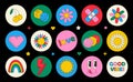 Groovy hippie 70s set. Funny cartoon flower, rainbow, peace, Love, heart, daisy, mushroom etc. Sticker pack in trendy Royalty Free Stock Photo
