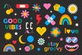 Groovy hippie 70s set. Funny cartoon flower, rainbow, peace, Love, heart, daisy, mushroom etc. Sticker pack in trendy Royalty Free Stock Photo