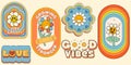 Groovy hippie 70s stickers. Funny cartoon flower, rainbow, peace, Love, heart, daisy Royalty Free Stock Photo