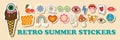 Groovy hippie 1970s summer sticker icon set. Funny happy cartoon flower, rainbow, peace, Love, heart, daisy, mushroom etc. Trendy Royalty Free Stock Photo