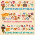 Groovy hippie 70s summer sticker icon set. Sticker pack in trendy retro psychedelic cartoon style. Funny cartoon flower, rainbow, Royalty Free Stock Photo