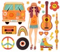 Groovy hippie 70s vector set. Cartoon funny style. Psychedelic flower, heart, retro girl, rainbow, roller-skates