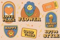 Groovy hippie 70s world, flowers, rainbow, ice cream, shoes, move, and growth sticker pack Royalty Free Stock Photo