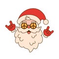 Groovy hippie Santa Claus in trendy retro cartoon style isolated on white background