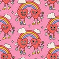 Groovy hippie Valentines Day seamless pattern with retro cartoon heart characters with rainbow and clouds on pink