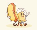 Groovy Hotdog and Beer Mug Retro Character Illustration. Cartoon Sausage, Bun and Drink Glass Walking Smiling Vector