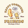 Groovy Hotdog and Beer Mug Retro Character Label Template. Cartoon Sausage, Bun and Drink Glass Walking Smiling Vector