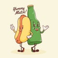 Groovy Hotdog and Beer Retro Character Illustration. Cartoon Sausage, Bun and Bottle Walking Smiling Vector Food Mascot