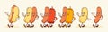 Groovy Hotdog Retro Character Illustrations Set. Cartoon Sausage, Bun and Ketchup Bottle Walking Smiling Vector Food