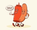 Groovy Hotdog Retro Characters Label. Cartoon Sausage and Ketchup Bottle Walking Smiling Vector Food Mascot Template